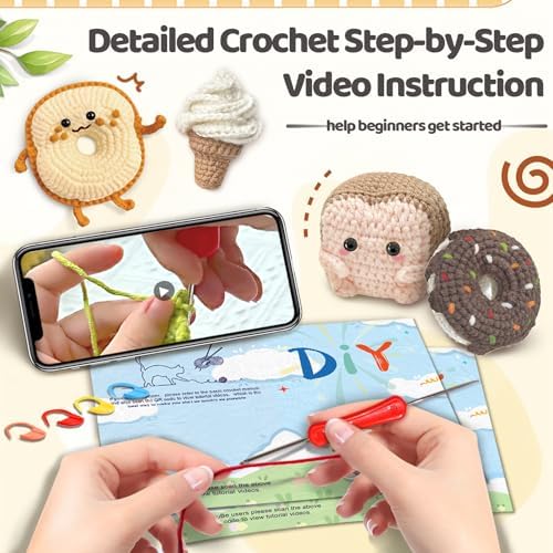 YAMAXIN Crochet Kit for Beginners, Beginner Crochet Kits with Step-by-Step Video Tutorials, Crochet Starter Kit for Adults with Yarn Sets (4pc Butter Toast, Bread, Doughnuts, ice Cream)