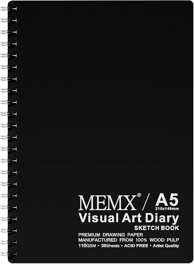 MEMX Poly Cover Sketch Book, 5.5”X8.5” 100 Pages (110gsm), Spiral Bound Artist Sketch Pad Notebook, Durable Acid Free Drawing Paper for Drawing, Writing, Painting, Sketching or Doodling, White