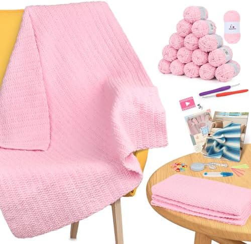 Aeelike Crochet Blanket Kit for Beginners, Easy Soft Crochet Kit, Pink