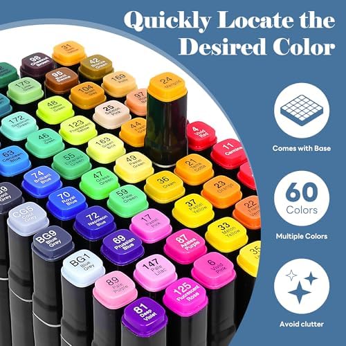 Alcohol Markers Dual Tip Art - 60 Colors Marker Set | Adult Brush Tip Drawing Pens, Artist Coloring Alcohol Based Art Markers Chisel Tip Double Sided Marker School Painting Gift