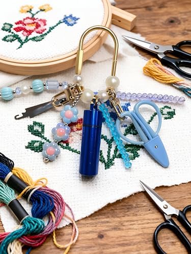 MEYAGO Needlepoint Bag Charm Tool Kit with Mini Embroidery Scissors, Needle Threader, Needle Holder Tube & Gold Keyring, Portable Embroidery Accessories for Cross Stitch Sewing DIY Crafts (Blue)