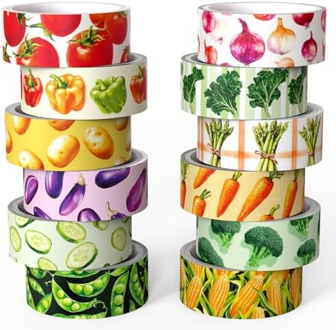 Vegetable Washi Tape Set of 12 Rolls, Cute Garden Pattern Decorative Tape, Tomato Carrot Corn Masking Tape for Journaling Supplies, Kitchen Planner, Garden Scrapbooking, Recipe Journal