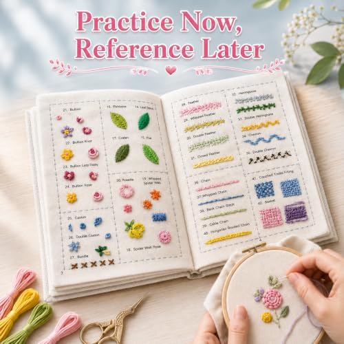 spicssa Beginner Embroidery Stitch Book Kit, 79 Stitches, Video Tutorials