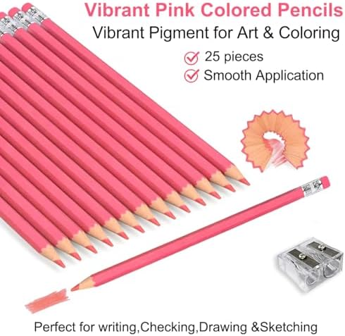 Adhere 25pcs Checking Pencils Erasable colored Pencils Pre-Sharpened #2 HB,for Checking Tests Grading,Map Coloring, editing Office Favors,including a Free sharpener. (Pink Red)