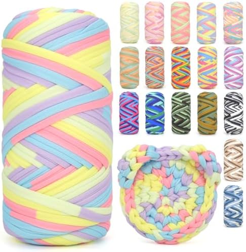 Tshirt Yarn for Crocheting,Rainbow T Shirt Chunky Elastic Fabric Thick T-Shirt Crochet Yarn for Beginners Crocheting Hand Knitting Bag/Basket/Coasters/DIY Crafts/Home Decor 200G-Pastel Rainbow