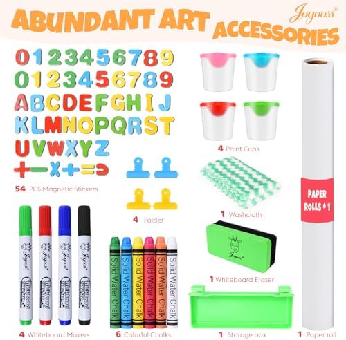 JOYOOSS Kids Wooden Easel with Paper Roll - Adjustable Magnetic Double Sided Drawing Board Whiteboard & Chalkboard Dry Easel Board,Children Art Easel for 3~12 Years Kids Boys Girls Painting Drawing
