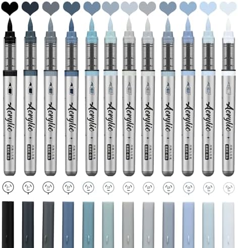 Grey Acrylic Paint Pens,12 Color Paint Pen Markers,Brush Tip Paint Pens for Rock Painting Wood Glass Ceramic Canvas Stone DIY Crafts Making Art Supplies