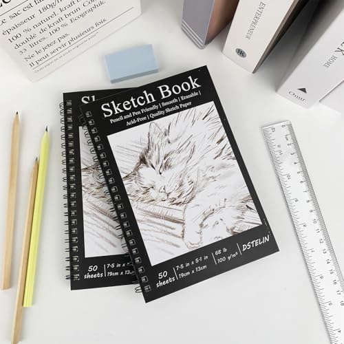 DSTELIN 2 Pack Spiral Bound Sketchbooks (100 GSM Sketch Paper), 50 Sheets per Pack, 7.5" x 5.1" Sketchbook with Black Hard Cover for Painting, Drawing and Sketching