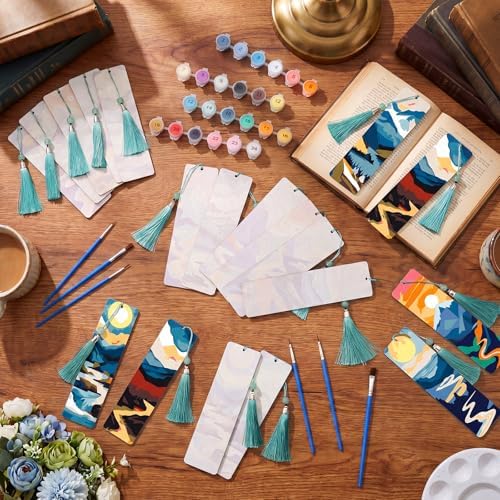 Kosiz 24 Pcs Mountain Paint by Number Kit for Adult Wood Bookmark | Mini Paint by Numbers Kit, Painting Decor, Tassels Blank Bookmarks, for Small DIY Craft Book Lovers Gift 7x2 ''