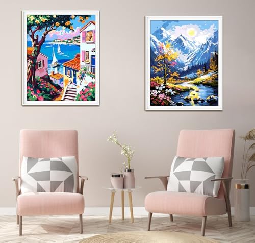 ZTOTZ Paint by Numbers kit for Adults Village, Paint by Number Canvas with Pink Flower, Italy Paint by Color for Adults for Christams Home Decor (16x20inch)
