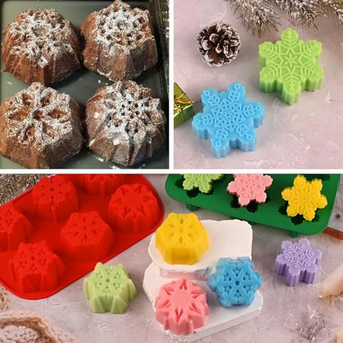 HUAKENER 2 Pack Snowflakes Soap Molds, Large Size Christmas Soap Molds | Nonstick, Food Grade Material, Snowflakes Silicone Mold for Handmade Soap, Mini Cakes, Brownies, Chocolate, Jello