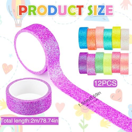 TIESOME 12 Rolls Glitter Washi Tape Set, 15mm Macaron Cute Colored Masking Tape, Decorative Masking Tapes for DIY, Scrapbook, Journal, Gift Wrapping, Crafts
