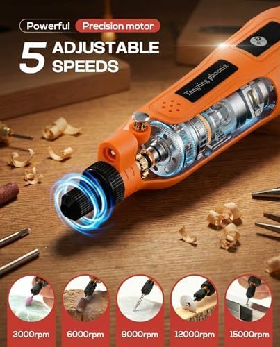 Mini Rotary Tool Kit: 5-Speed & LED – 45-Pc Engraving, Polishing & Sanding Kit for Wood, Metal, Glass, Resin – Ideal for Woodworkers, Hobbyists & DIY Crafters (Orange)