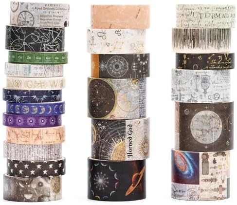 Vintage Washi Tape Set - 24 Rolls Arts Adhesive Tapes Assorted Retro Decorative Masking Tape Sets for Craft, Kids, Scrapbook, DIY, Gift Wrapping (11-Celestial Dreams)