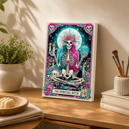 Spandrel Paint by Number Kits for Adults Witch Tarot, The Spiritual Bitch Skeleton Paint by Number Kits on Canvas, DIY Acrylic Oil Gothic Painting by Numbers Gitfs for Home Wall Decor, 8x12in