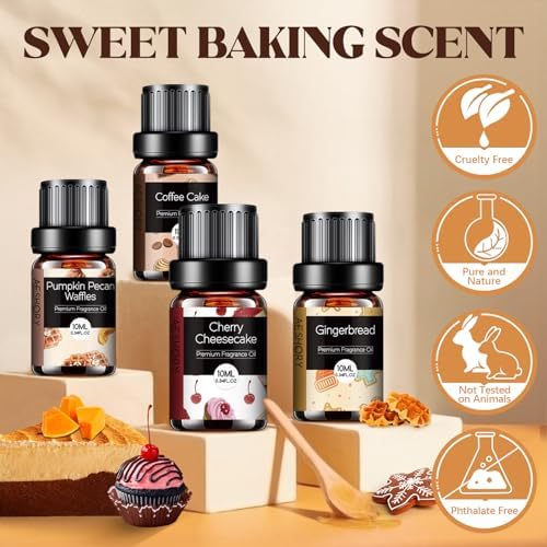 Bakery Essential Oils Set - Fragrance Oil for Diffusers for Home, Candle Making - Pumpkin Pie, Coffee Cake, Gingerbread, Cherry Cheesecake Aromatherapy Scented Oils (6x10ML)