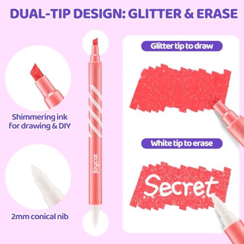 JoyCat 10-Color Erasable Glitter Markers for Kids, Dual Tip Sparkle Pens