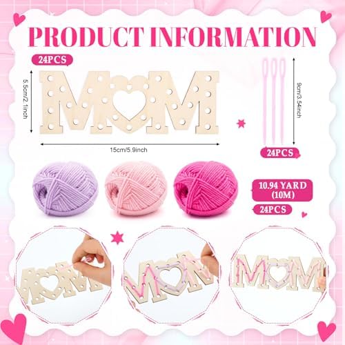 Kathfly 24 Sets Mother's Day Wooden Craft Kit, Wood Mom String Craft Ornaments with Yarn and Plastic Weaving Tools, DIY Lacing Art Hanging Decorations for Activities Handcraft Gifts