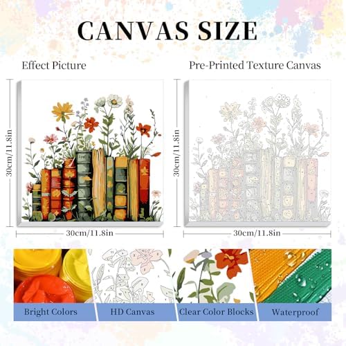 Camocin Framed Paint by Numbers Kit for Adults Beginner - Vintage Books and Wildflowers Paint by Number Canvas with Frame, Cottagecore DIY Acrylic Painting Kit for Book Lovers Home Decor 12x12 Inch