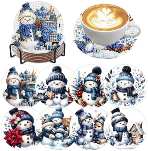 8 Pack Diamond Art Coasters,Christmas Snowman Diamond Painting Coasters