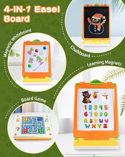 Elovien Easel for Kids, 4 in 1 Double Sided Toddler Art Easel with Chalkboard & Magnetic Whiteboard, Foldable Tabletop Easel with Drawing & Writing Accessories - Educational Gift for Boy Girl (Orange)