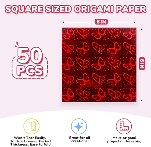 JoyCat Iridescent Laser Origami Paper, 50 Holographic Sheets, 6x6 Inch | Holographic sheets shift color in the light for eye-catching origami, gift wrapping, cards, party decor and metallic crafts.