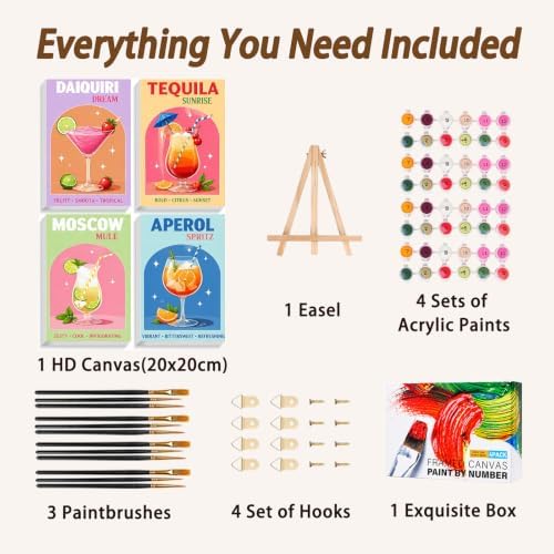 AUKELHJ 4 Pack Framed Paint by Numbers Kit for Adults, Cocktail, 8x12 inch | Paint by Number for Adults, Beginner Friendly, Framed Canvas, Easel Included, Fun and Relaxing, Gifts Box, Home Wall Decor
