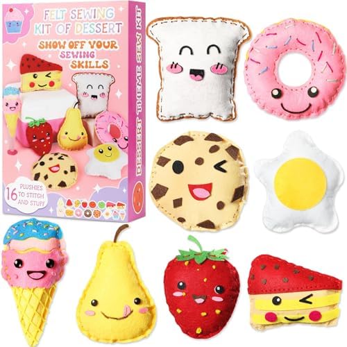 ZOIIWA 16 Sets Food Themed Sewing Kit for Kids Fun Craft for Boy Girl Age Felt Fruit Plush Craft Kit Learn to Sew Educational Beginners Sewing Stuffed Ornament for Back to School Birthday Party Gift