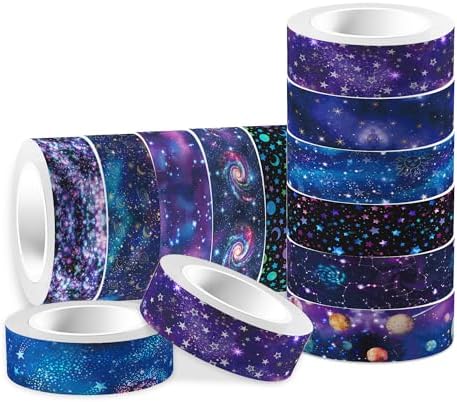 12 Pcs Starry Sky Washi Tape Set Starry Sky Galaxy Washi Tapes Space Themed Patterned Masking Tape Sets Starry Sky Decorative Paper Sticker for Scrapbook DIY Craft Gift Wrapping Handbook Sticker