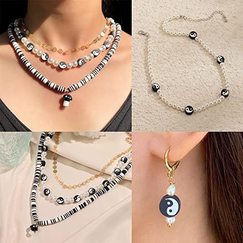 Airssory 100 Pcs Black and White Manmade Polymer Clay Soft Beads Flat Round with Taiji Ying Yang Sign Loose Bead Spacer for Lucky Jewelry Making