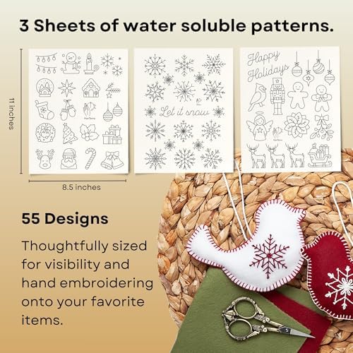 Stick and Stitch Embroidery Patterns, Holiday/Snowflake Designs, Water Soluble Embroidery Stabilizer Transfer Paper, Adult Beginner Hand Embroidery Kit for Gifts (Holiday 3 Pages)