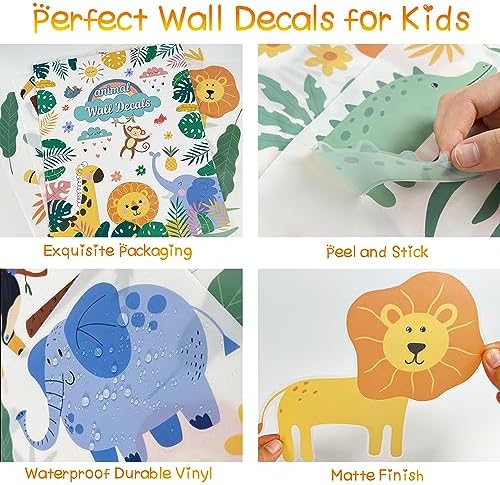 AOWDIAO Animals Wall Decals, Cute Safari Wall Stickers for Baby Kids, Jungle Theme Decor for Nursery, Classroom, Playroom, Bedroom