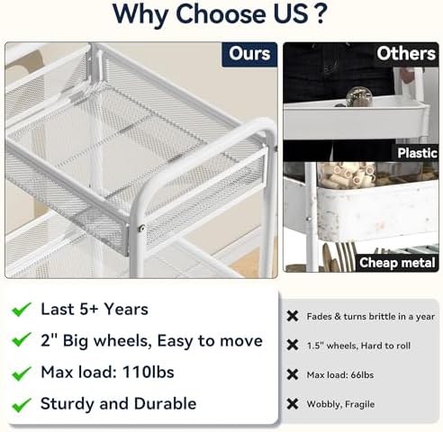 YASONIC 3 Tier Metal Rolling Cart, White Utility Storage Cart with Wheels | Metal Mesh Craft Cart With Hooks & Hanging Cups, Ideal For Kitchen, Bathroom, Office, Dorm, Art Workspace, Bedside Storage