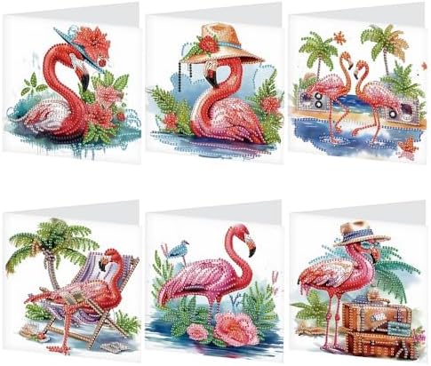 AiYuanzsh 6 Pack Diamond Painting Greeting Card Kits Flamingo Summer Designs, DIY 5D Diamond Art Greeting Cards with Envelopes for Birthday, Thanksgiving, Holiday Wishes and Handmade Gifts