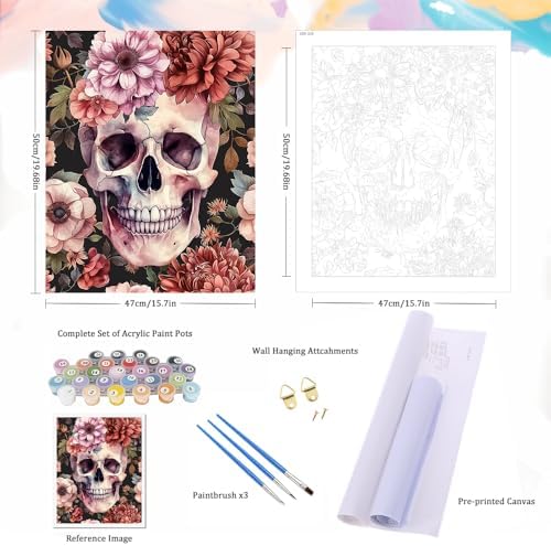 Natuyalo Paint by Numbers Kit for Adults - Paint by Number on Canvas Without Frame, Skull and Flowers DIY Acrylic Painting for Ideal Gift Home Wall Decor (16x20 Inch)