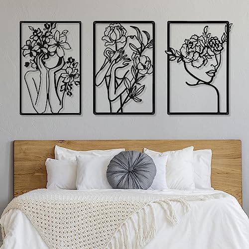 CHENGU 3 Pieces Metal Minimalist Abstract Woman Wall Art Line Drawing Wall Art Decor Single Line Female Home Hanging for Kitchen Bathroom Living Room