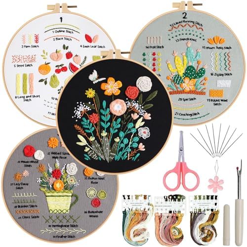 Ohcol Embroidery Kit for Beginners, 4 Floral Patterns, Learn 33 Stitches, Pre-Printed Fabric, Hoop, Colored Threads and Needles, Easy Video Guide, DIY Hand Sewing Gift for Adults and Teens