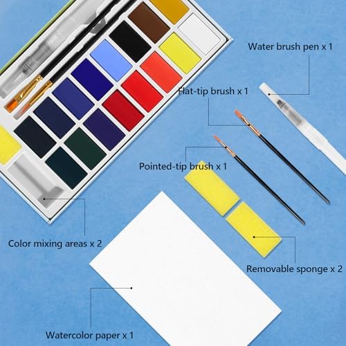 16 Colors Large Block Watercolor Paint Set for Watercolors Workbook, Portable Water Colors Paint Kit with 2 Paintbrushes 1 Waterbrush, for Adult Painting Beginners & Professional Amateur Hobbyists