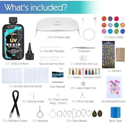 Suzzam UV Resin Jewelry Making Kit, 300g Crystal Clear UV Resin Kit with Molds, 30w & 22 Lamp Beads UV Resin Light Large for Craft Making Earrings, Necklaces, Keychains