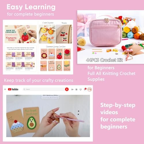 MYBAGZING Crochet Kit for Beginners, Complete Starter Set with Yarn, Ergonomic Crochet Hooks, Needles, Crochet Accessories and Suppliers for Crochet Beginner Projects, Knitting Kit for Adult