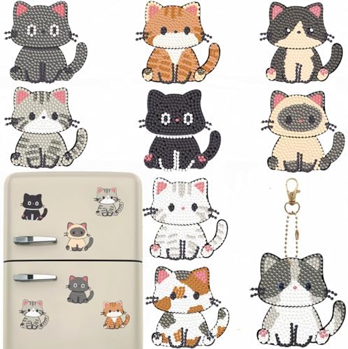 Bulerrylulu 9 Pcs Cat Diamond Painting Magnets Kits Fridge Magnet Stickers Diamond Art Painting Keychains Gem Painting kit for Beginners Adults DIY Art Craft Gifts Home Decors