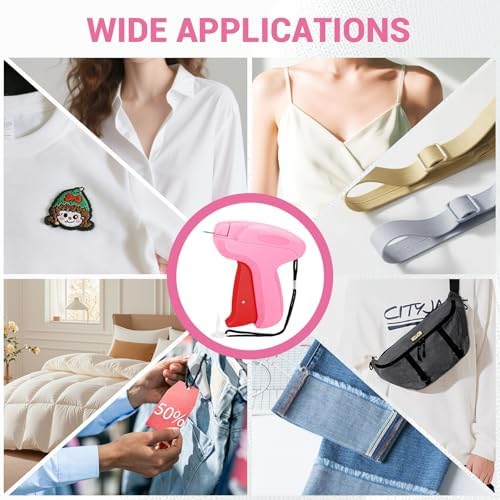 Stitch Gun for Clothes - Handheld Quick Clothing Fixer - Tagging Gun for Clothing, Sewing Kit - Includes 6 Fine Needles, 1000 White & 1000 Black Fasteners (Pink Red)