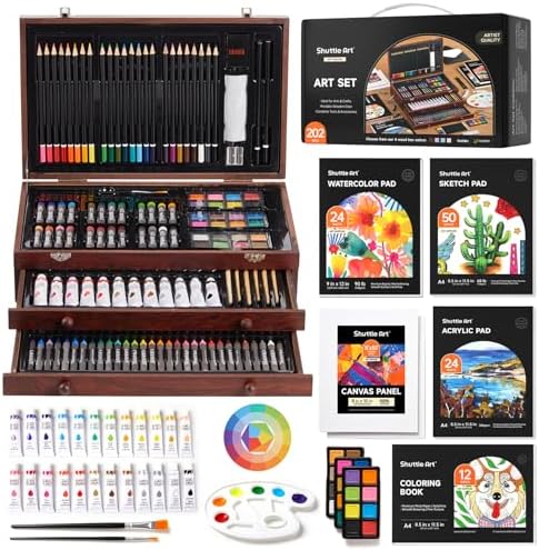 Shuttle Art Deluxe Gift Art Kit, 202-Piece Wooden Art Supplies Set with 4 Drawing Pads, Canvases, Coloring Sheets, Acrylic Paint, Crayons, Oil Pastels, Colored Pencils for Kids