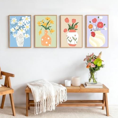 4 Pack Framed Paint by Numbers Kit for Adults Beginner with Wooden Easel, Flowers Vase Easy Adult Paint by Number Kits with Frame, DIY Acrylic Number Painting for Adults for Home Decor Gift 8x12 Inch