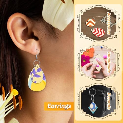 HAPY SHOP 300 Pieces Unfinished Wooden Earrings Teardrop/Circle/Leaf/Diamond/Rectangle Shapes Wood Earring Blanks 100 Pieces Earring Hooks and 100 Pieces Jump Rings