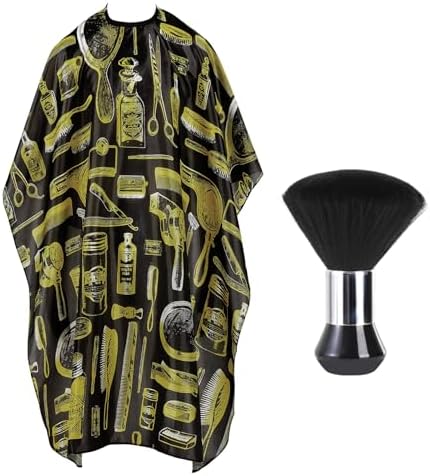 Professional Hair Cutting Cape with Neck Duster Brush, Large Size Salon Barber Cape for Men, Women and Kids(Yellow Barber Supplies Pattern)