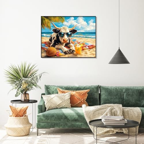 Diamond Art Kits for Adults, Beach Cow Diamond Painting Kit, 12 x 16 Inch
