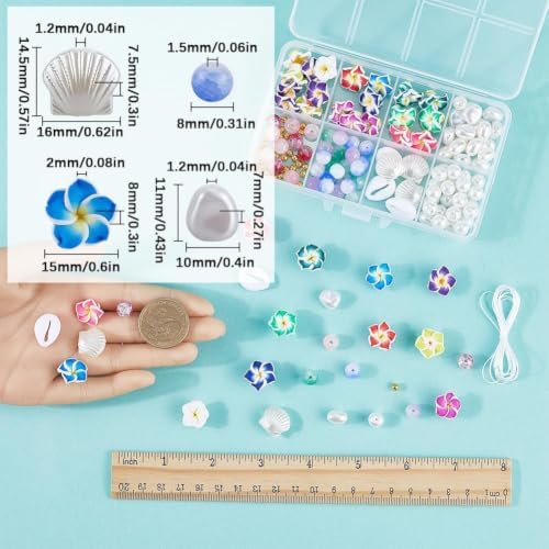 SUNNYCLUE 1 Box 174Pcs DIY 6 Sets Bracelet Making Kit Plumeria Flower Beads Polymer Clay Beads Summer Ocean Hawaiian Shell Bead Imitation Pearl Beads for Jewelry Making Kits Adult Women Gifts Supplies