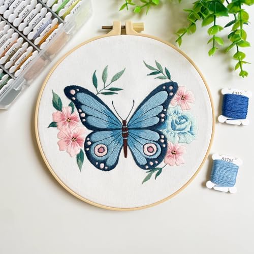 Silentsea Blue Butterfly Embroidery Kit for Beginners – Complete DIY Stitching Craft Set with Pre-Printed Fabric, Hoop, Threads & Video Tutorial – Ideal for Home Decor & Handmade Gifts