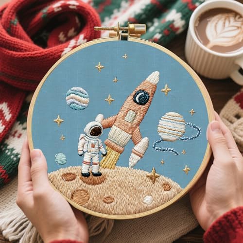 FREEBLOSS 4 Set Embroidery Kit for Beginners Adult Astronaut Stamped Embroidery Starter Kit with Instructions Needlepoint Accessories and Supplies for Stitch Craft, 2 Hoops 20cm/7.9inch